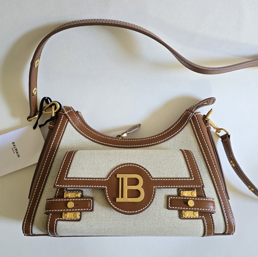 Balmain B-Buzz Canvas & Leather Shoulder Bag Natural / Camel - Picture 6 of 14